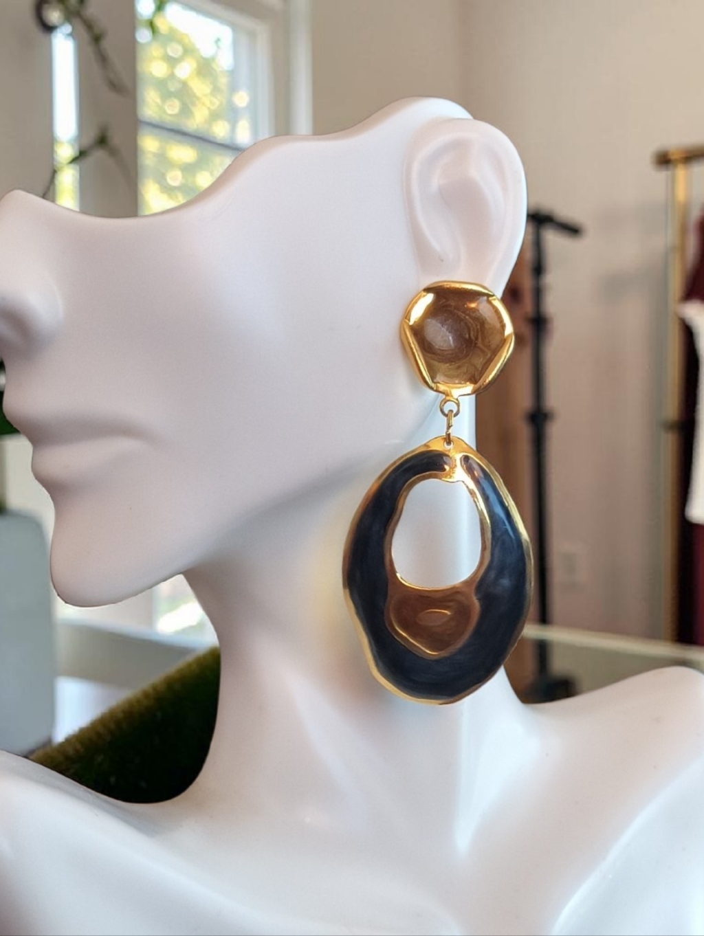 Vtg Cloisonne Gold And Blue Statement Hoop Drop Earrings